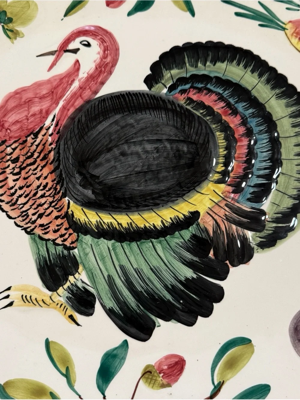 VTG Italian Hand-Painted Ceramic Turkey Platter Large Thanksgiving Serving Dish